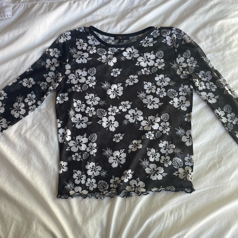 Delia’s Black & White Hibiscus Flower Mesh Top